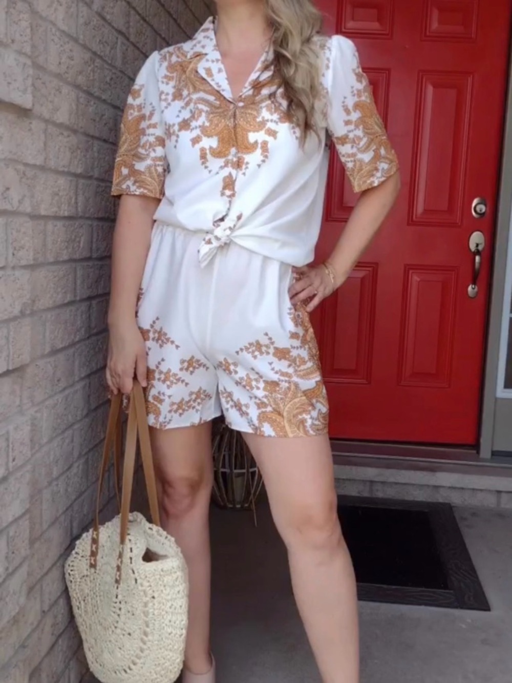 White & Tan Paisley Print Women's resort wear set